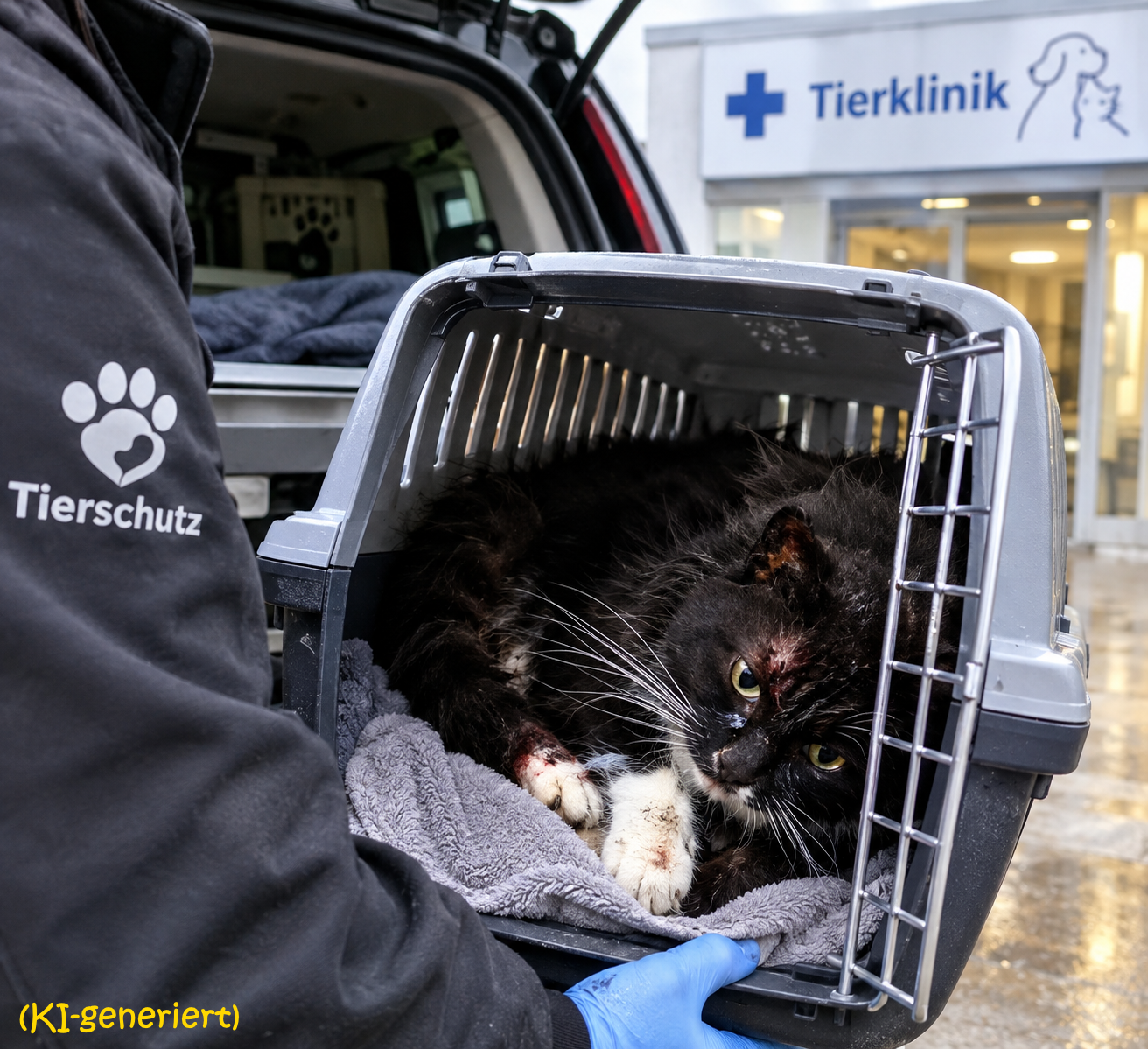 Verletzte Katze auf dem Weg zur Tierklinik Verletzte Katze auf dem Weg zur Tierklinik